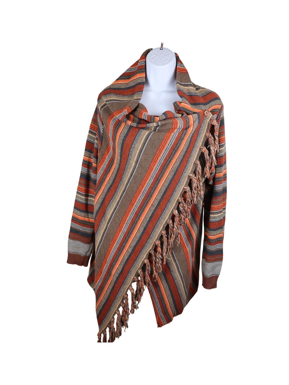 Goldstitch Brown Striped Fringe Cardigan Sweater | Size M